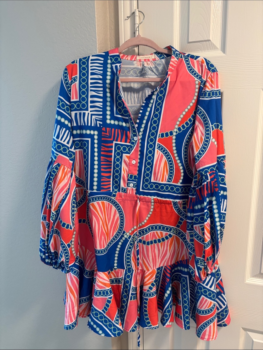 Lavender J dress pink and blue beautiful print size L